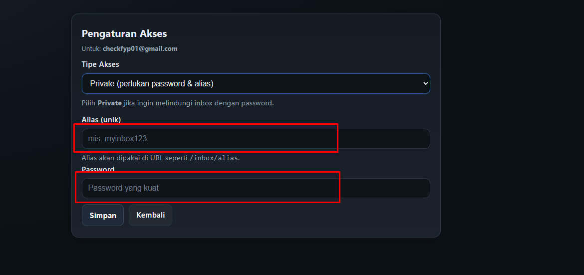 Pengaturan akses - Private (Alias & Password)